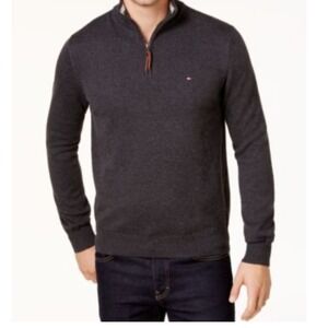 Tommy Hilfiger Quarter Zip 1/4 Sweater‎ Pullover Gray Cotton Size Large Y2K